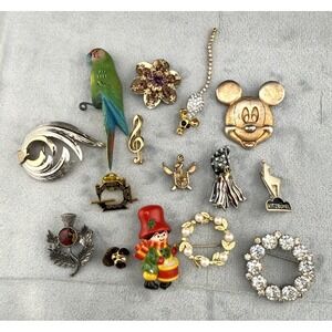 Vintage Brooch Lot Mickey Mouse Bird Flower Drummer Boy Lady Bug